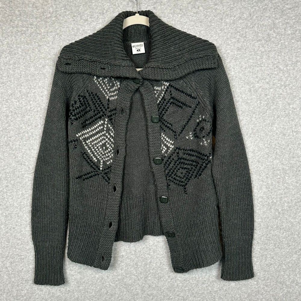 Columbia Cardigan Sweater‎ Womens S Gray Chunky Alpaca Wool Blend Shawl Collar